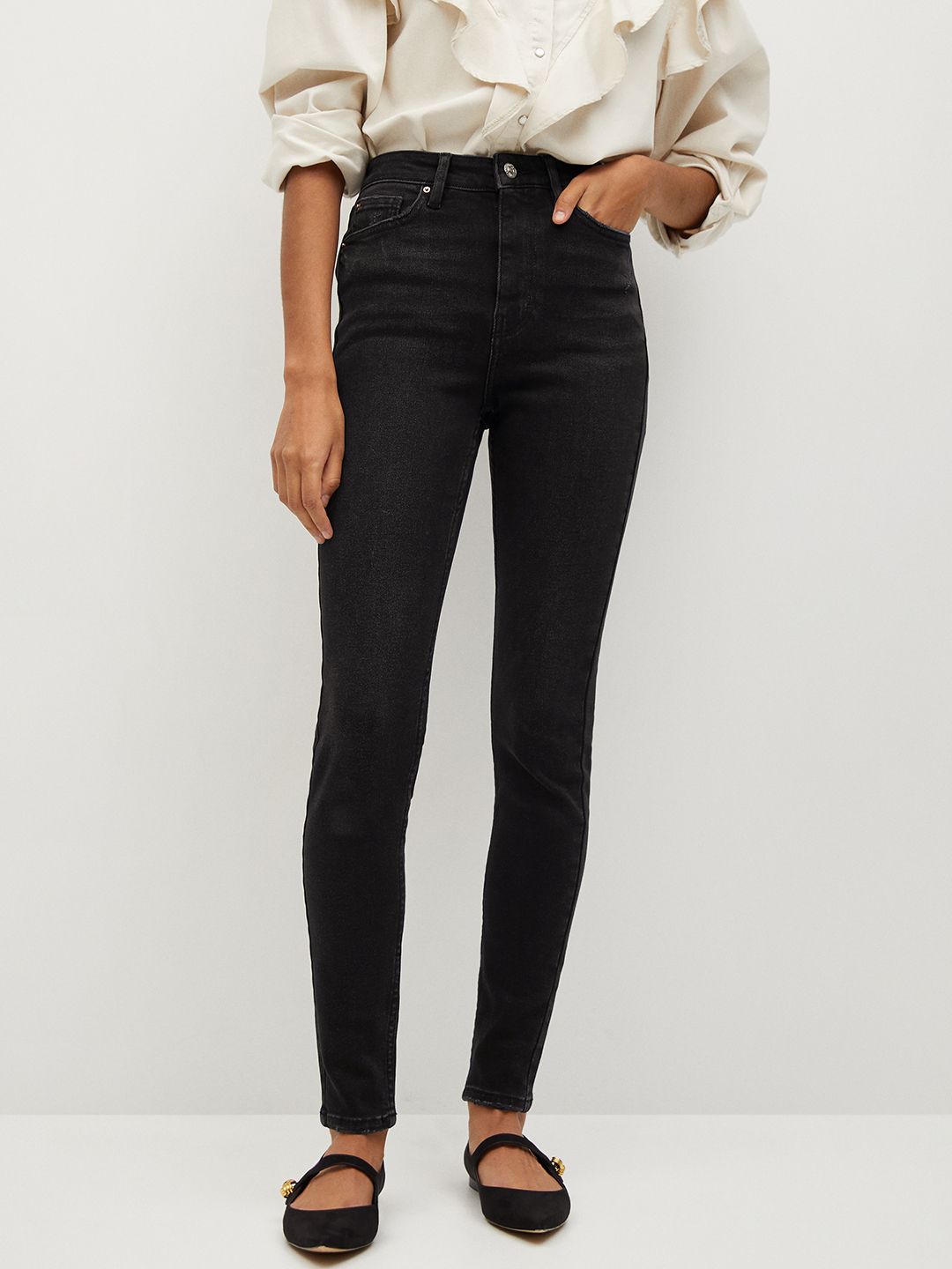 MANGO Women Black Skinny Fit High-Rise Low Distress Stretchable Jeans Price in India