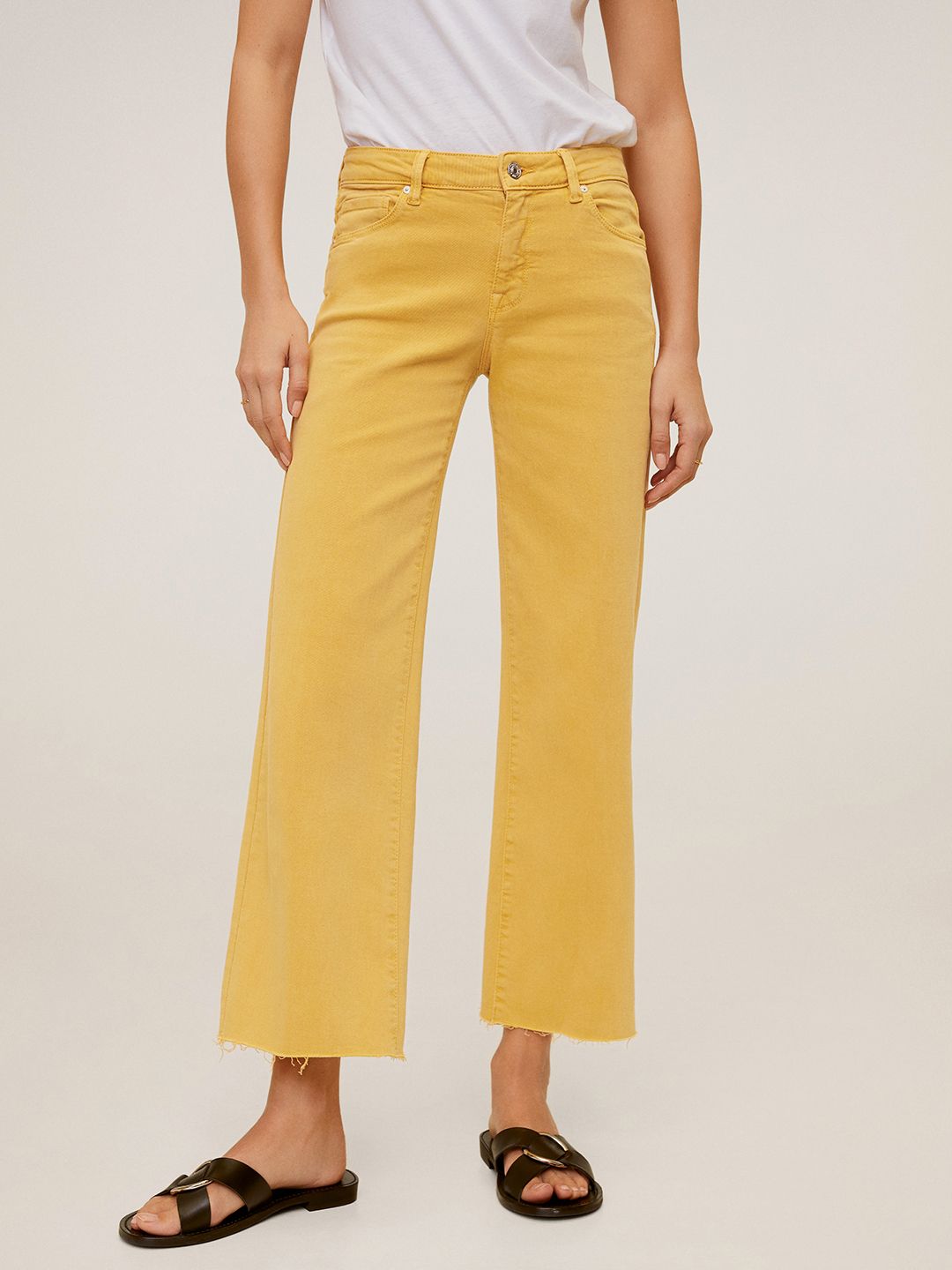 MANGO Women Mustard Yellow Cullote Stretchable Cropped Jeans Price in India