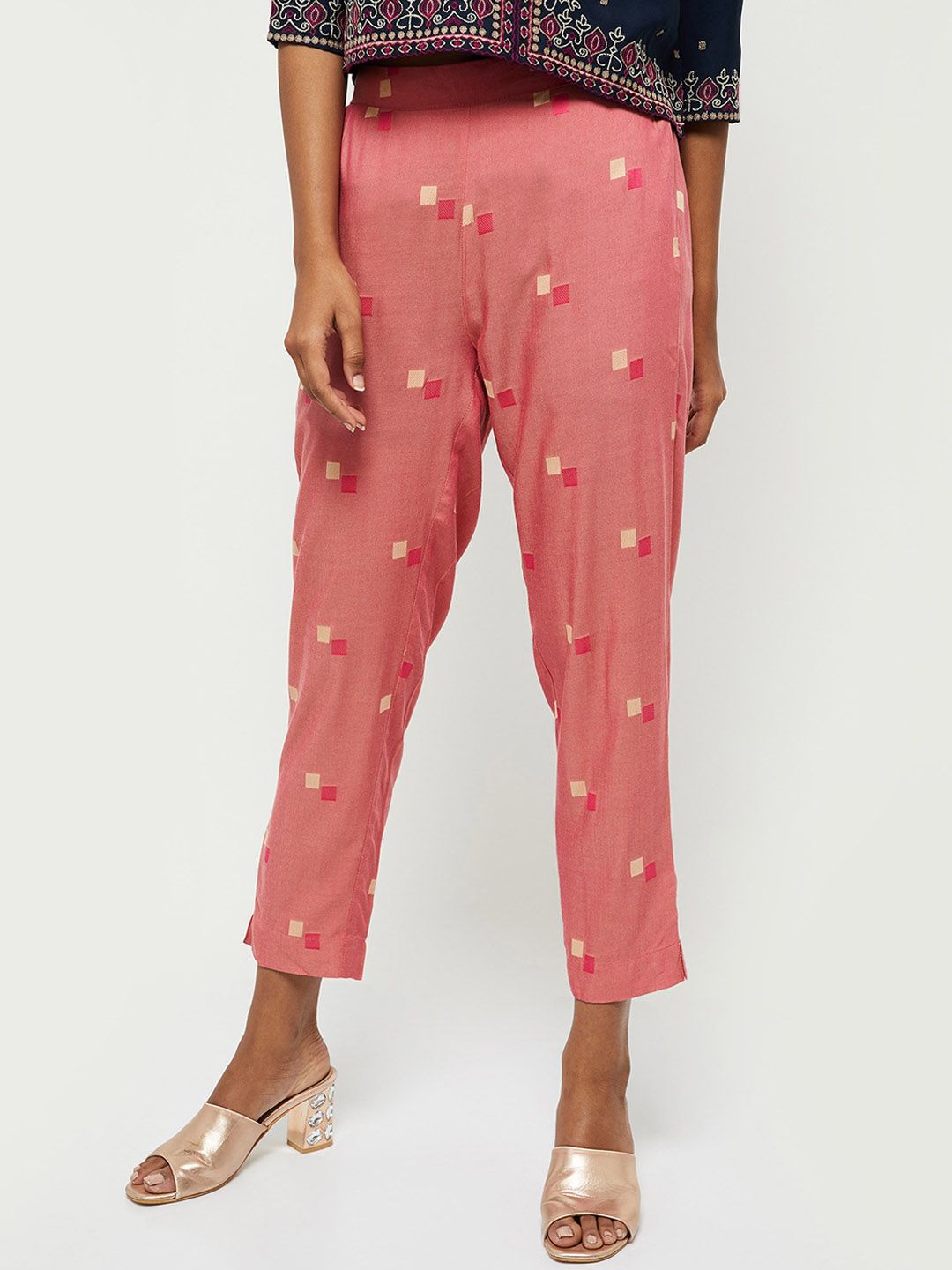 max Women Pink Embroidered Trousers Price in India