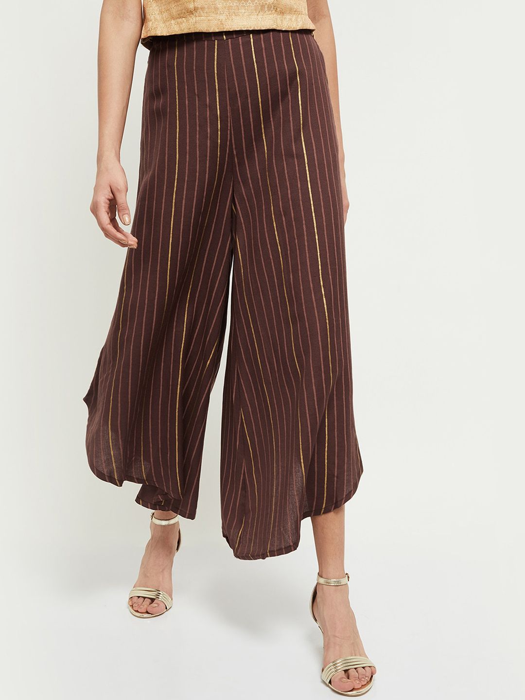 max Women Brown Striped Culottes Trousers Price in India