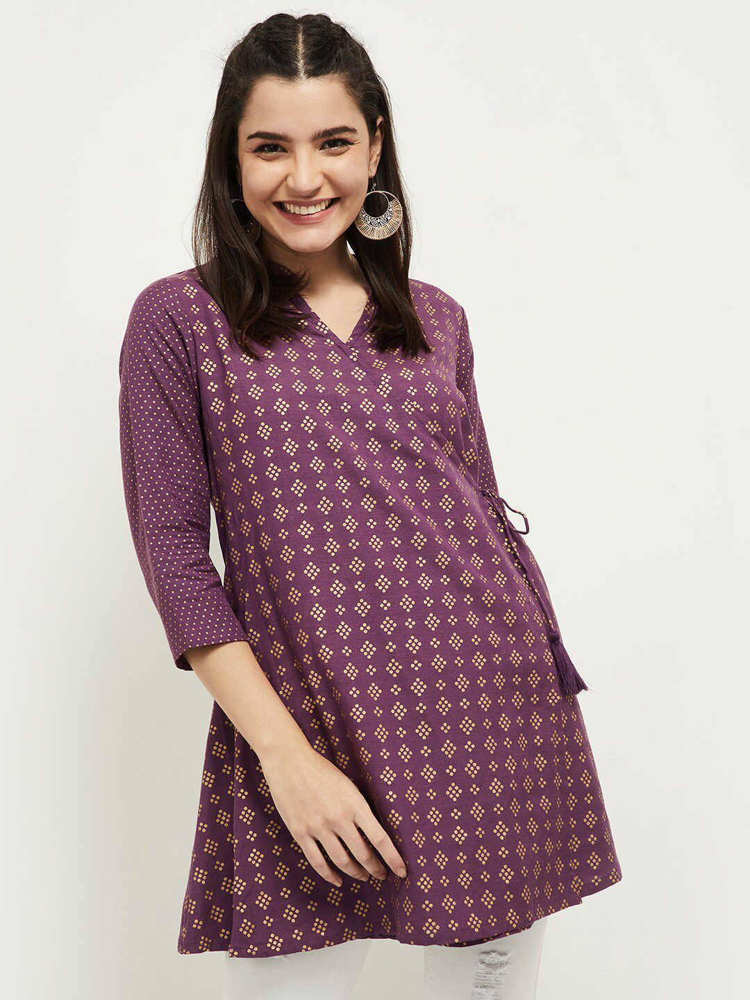 MAX Women Purple & Gold-Toned Viscose Rayon Printed Embellished Tunic Price in India