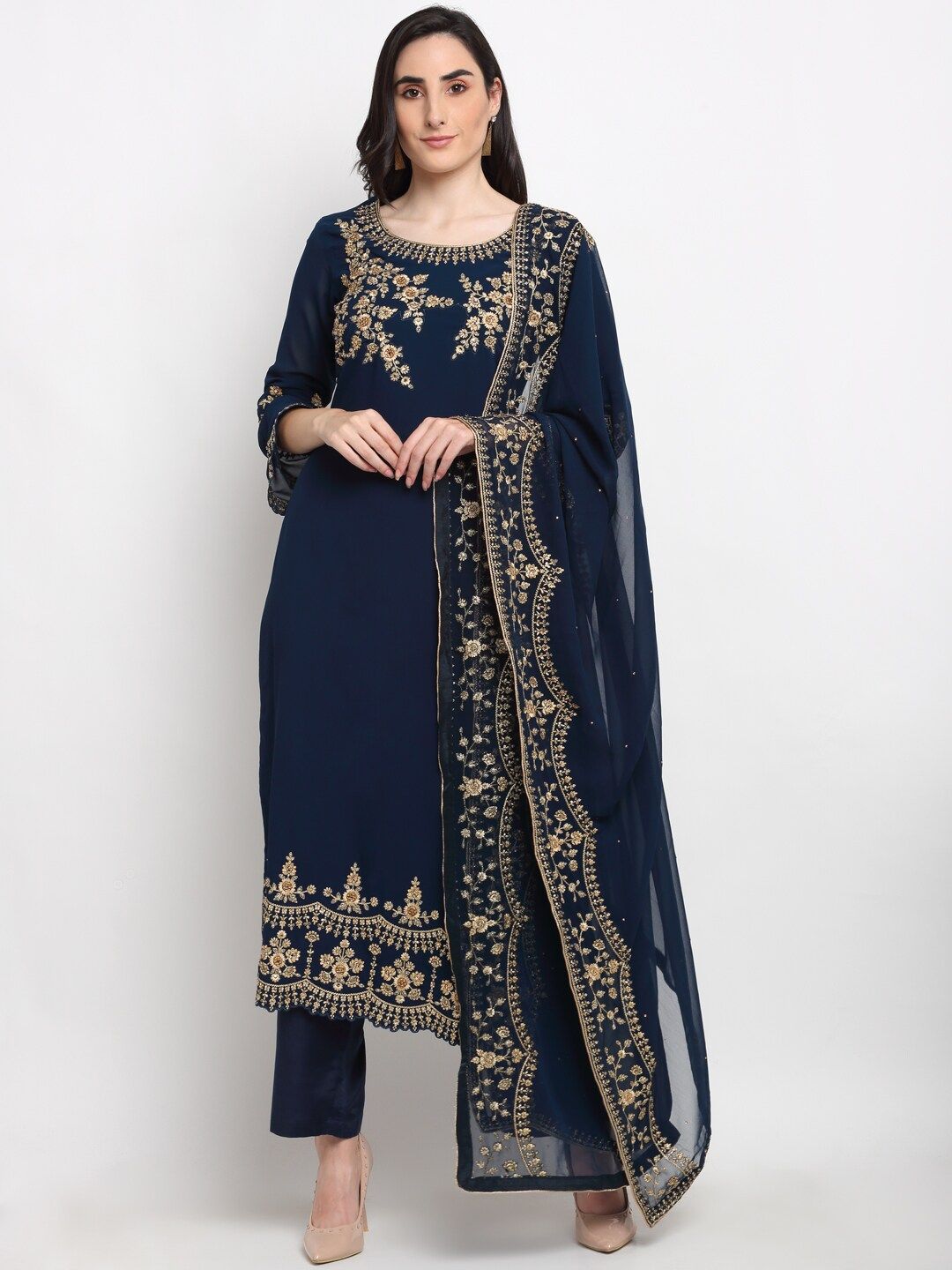 Stylee LIFESTYLE Navy Blue & Gold-Toned Embroidered Semi-Stitched Dress Material Price in India