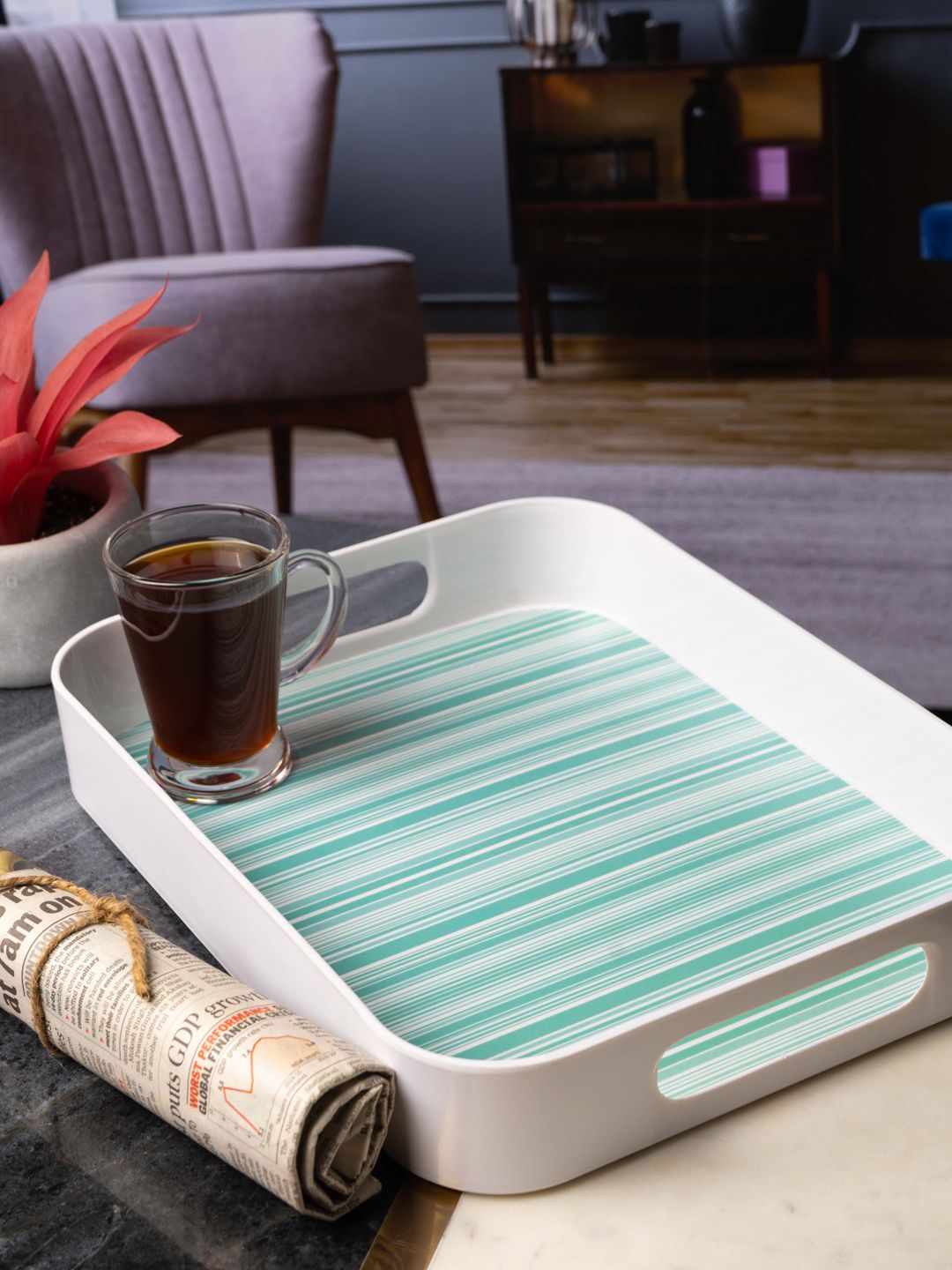 GOODHOMES White & Blue Printed Melamine Serving Tray