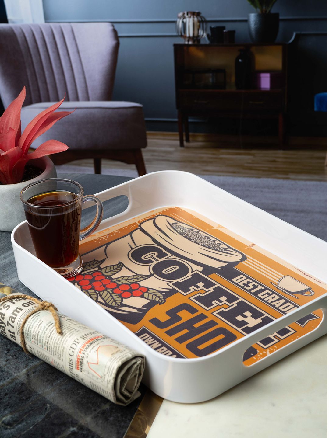 GOODHOMES White & Orange Printed Melamine Square Serving Tray