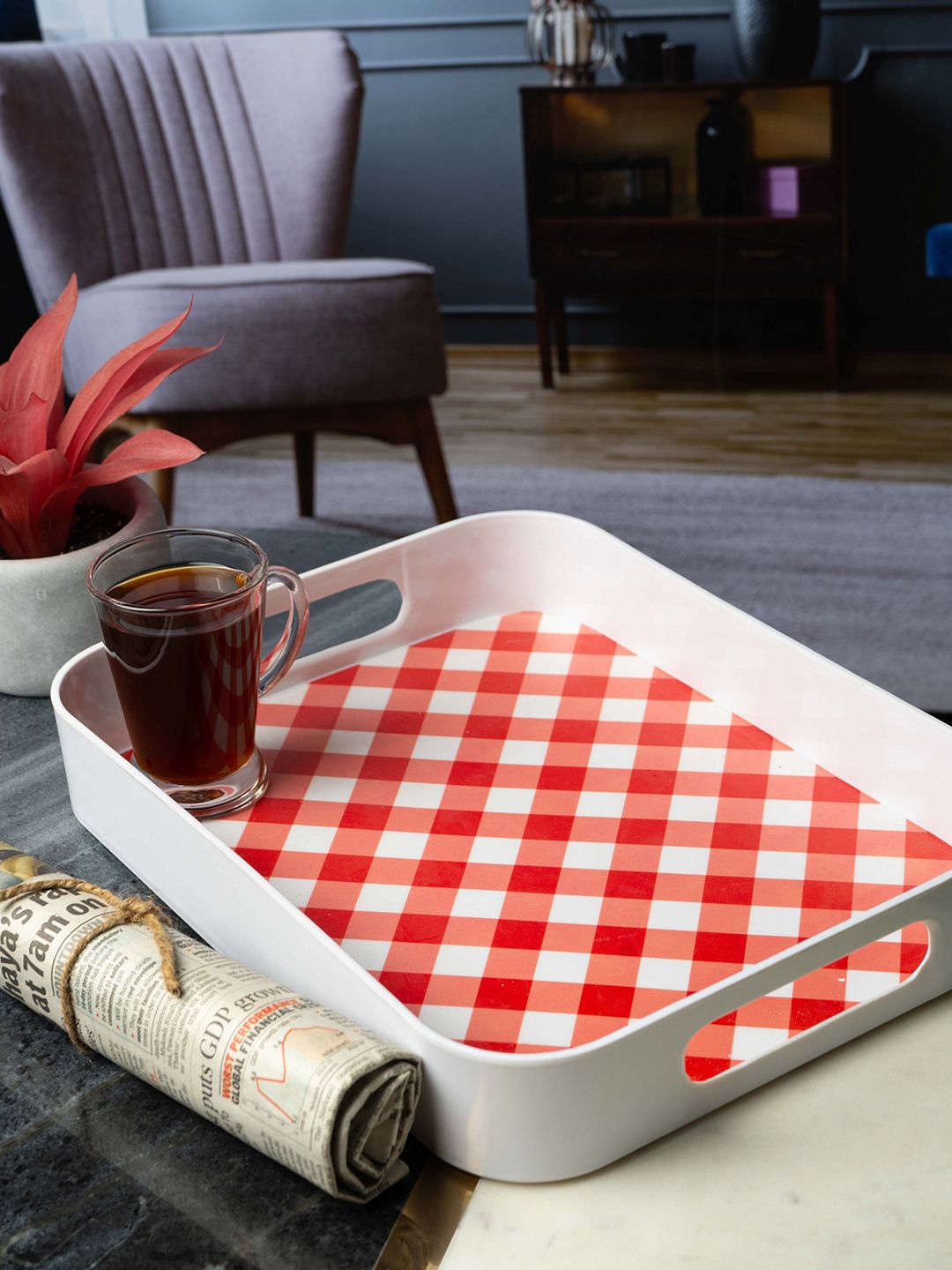 GOODHOMES White & Red Printed Melamine Serving Tray Price in India
