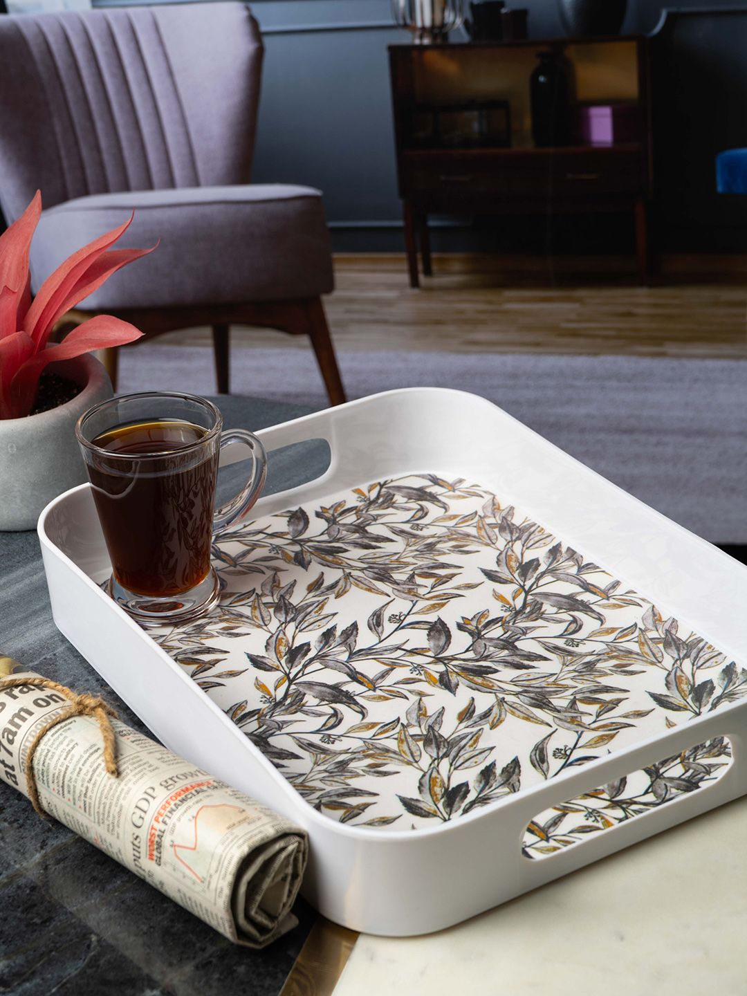 GOODHOMES White & Black Printed Melamine Square Serving Tray