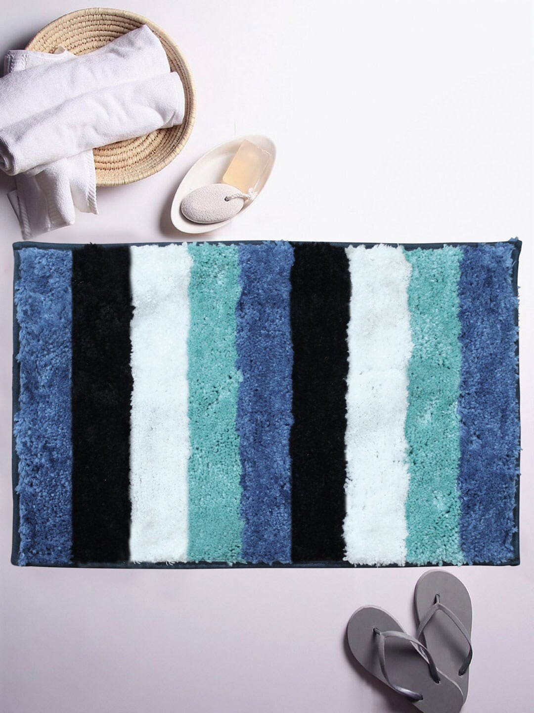 LUXEHOME INTERNATIONAL Turquoise Blue & White Striped Bath Rug Price in India