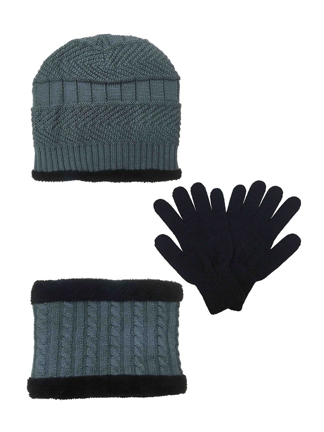 Gajraj Unisex Set Of 3 Grey & Black Beanie Neck Warmer Scarf and Woolen Gloves Price in India