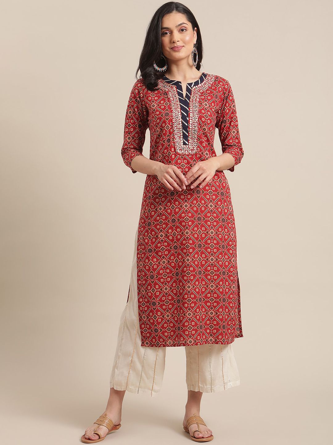 Varanga Women Maroon & Beige Ethnic Motifs Printed Thread Work Kurta Price in India