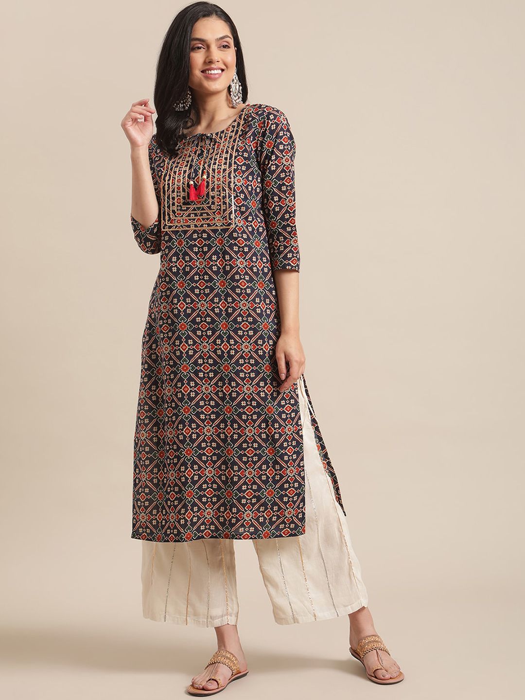 Varanga Women Navy Blue & Beige Ethnic Motifs Printed Keyhole Neck Gotta Patti Kurta Price in India