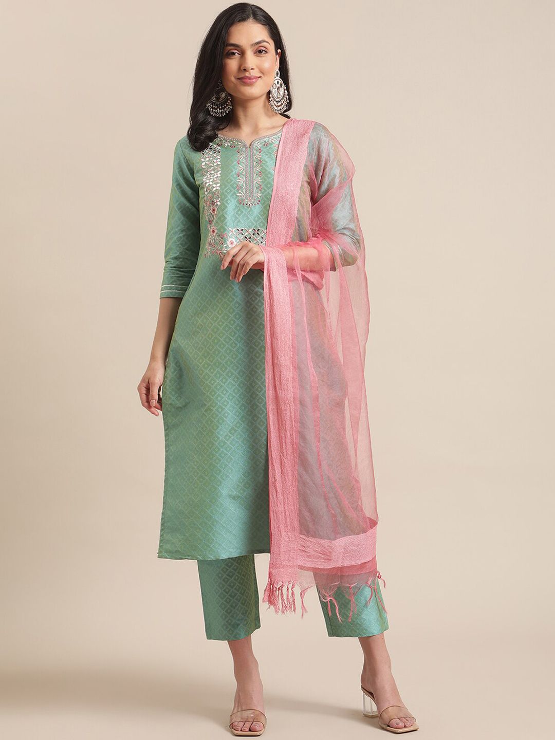 Varanga Women Sea Green Woven Design Kurta with Trousers & With Dupatta Price in India