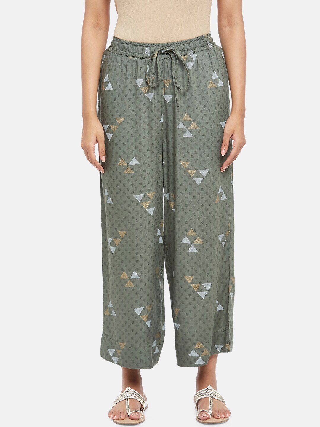 RANGMANCH BY PANTALOONS Women Olive Green & Gold-Toned Printed Ethnic Palazzos