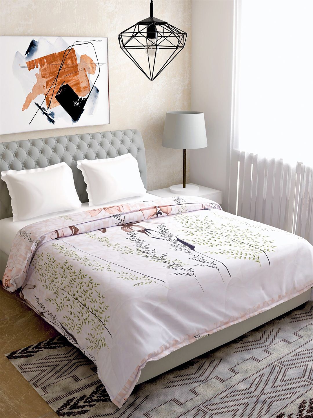 Salona Bichona White & Beige Floral Mild Winter Pure Cotton 120 GSM Double Bed Comforter Price in India