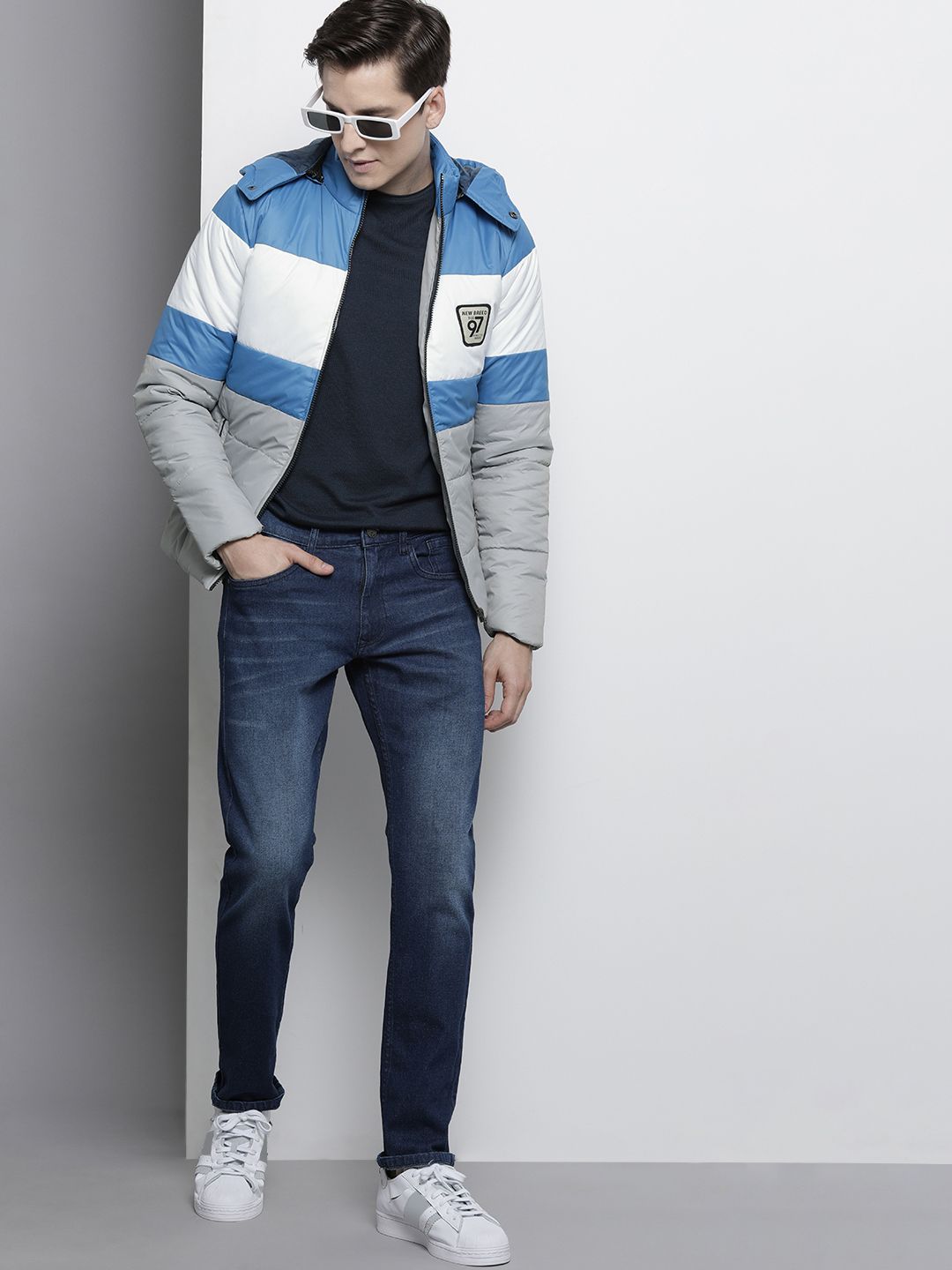 The Indian Garage Co Men Colourblock Slim Fit Puffer Jacket with Detachable Hood