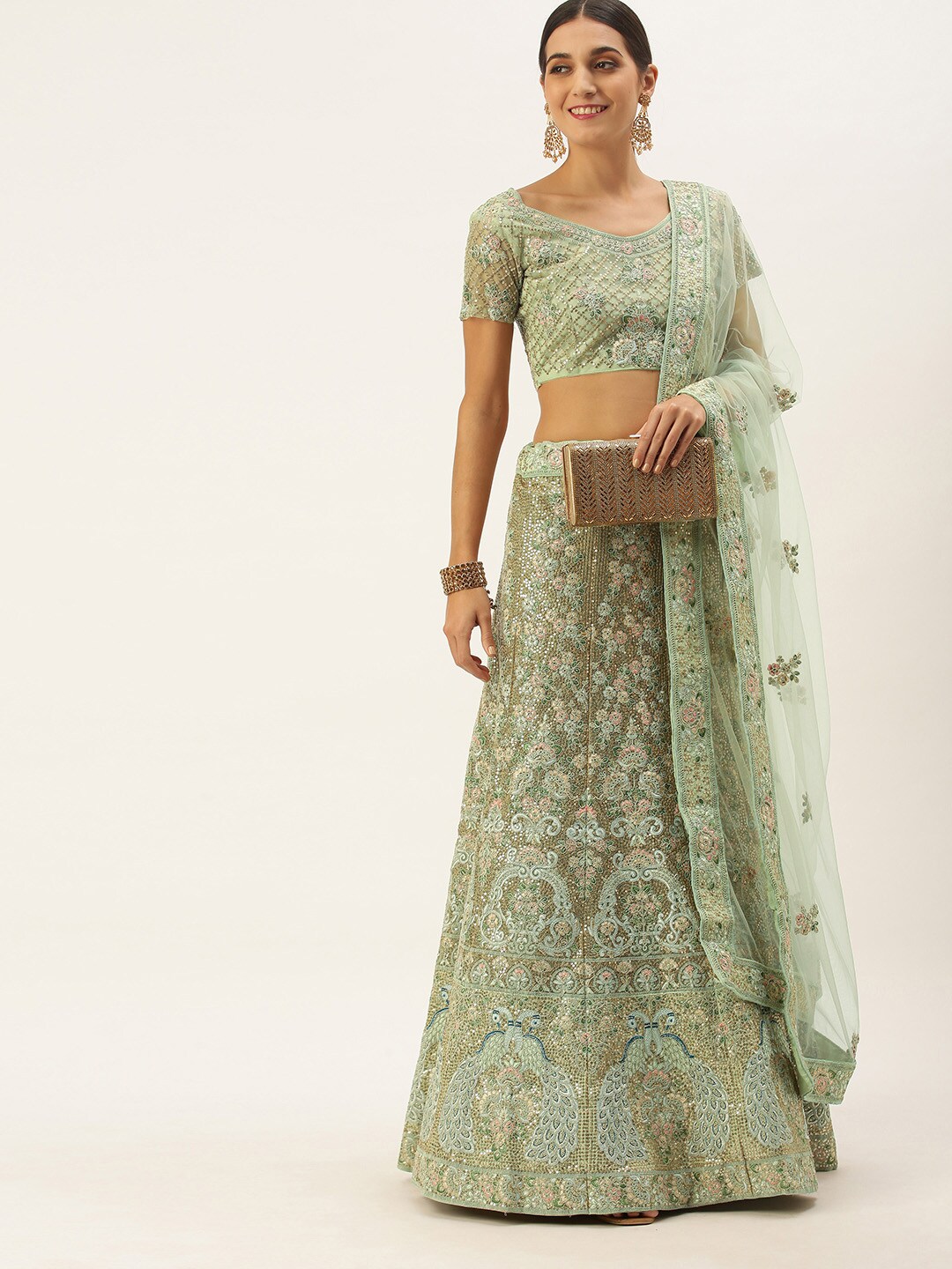 LADUSAA Women Mint Green & Pink Embroidered Semi-Stitched Lehenga & Blouse with Dupatta Price in India