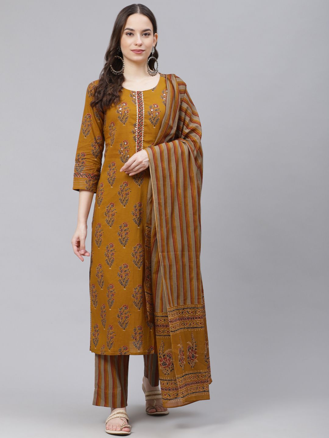 AHIKA Women Olive Brown & Rust Orange Printed Pure Cotton Kurta with Trousers & Dupatta Price in India