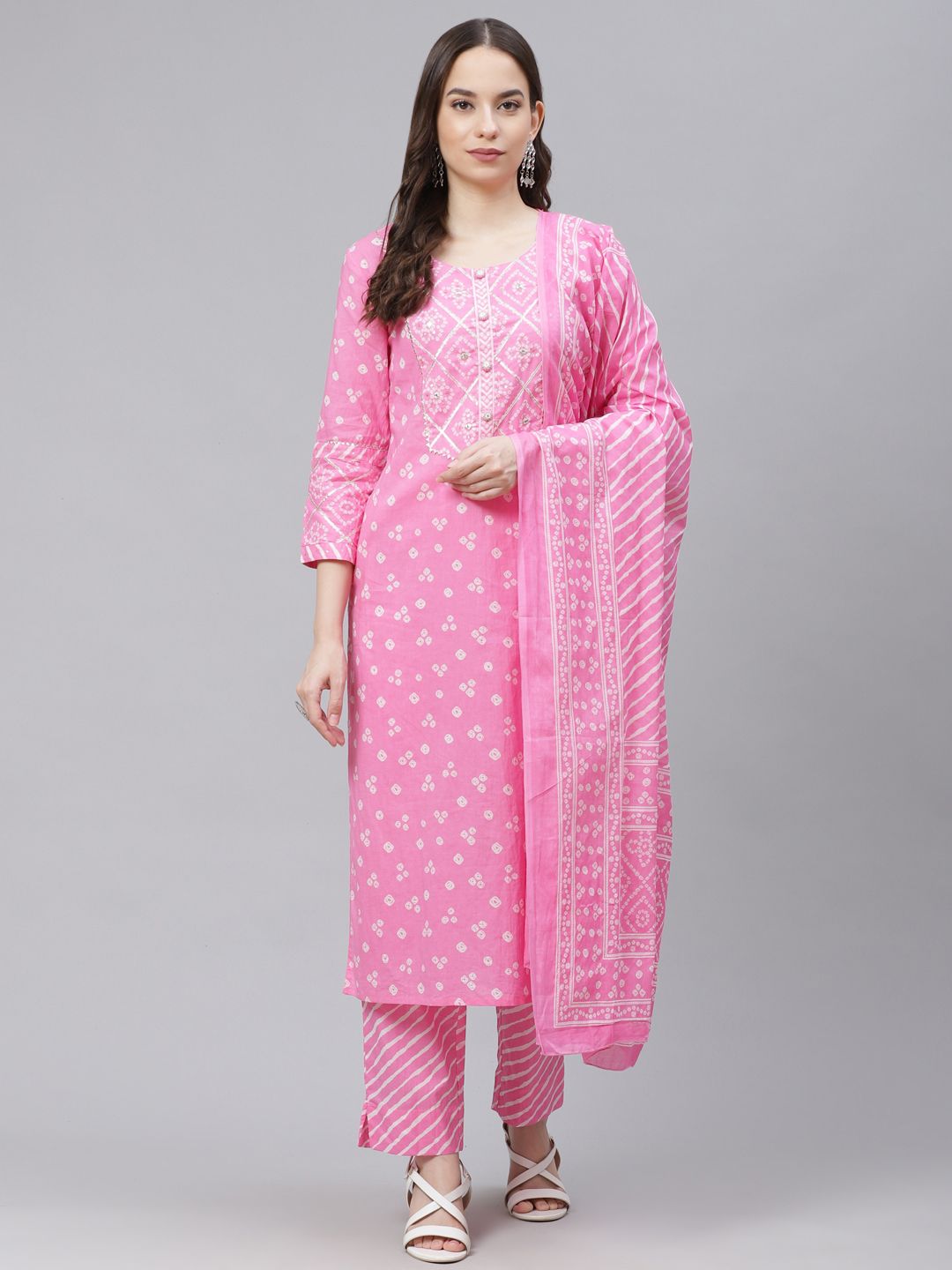 AHIKA Women Pink & White Bandhani Print Pure Cotton Kurta with Trousers & Dupatta Price in India