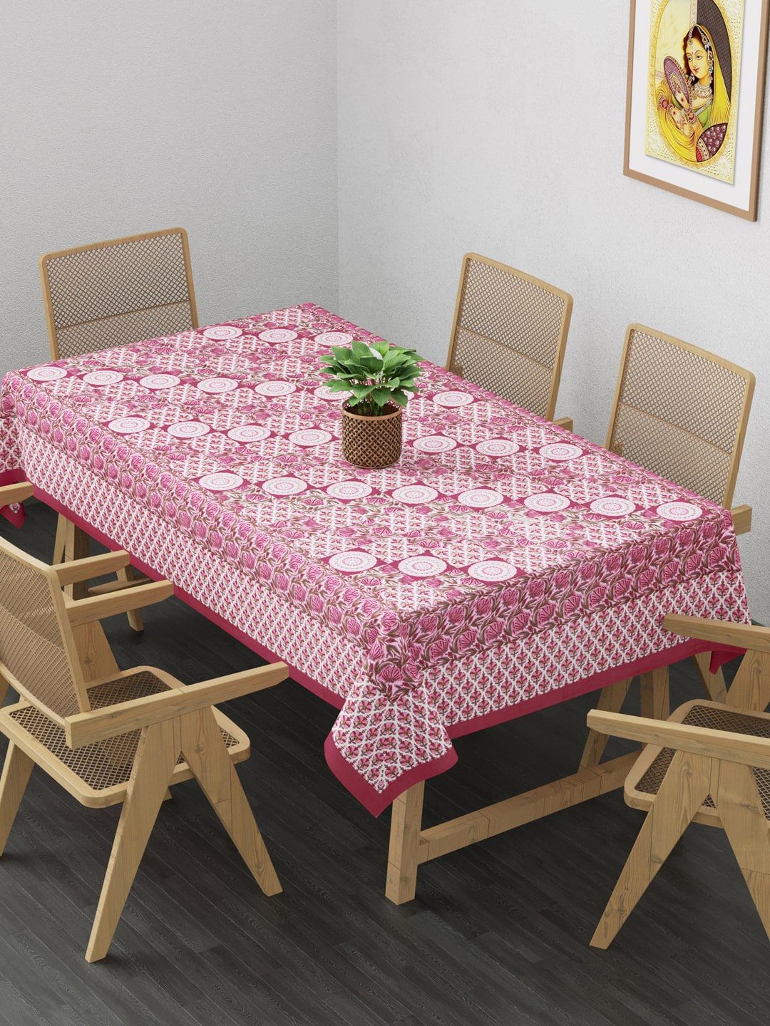 Clasiko White & Pink Floral Printed Pure Cotton 6-Seater Rectangle Table Cover Price in India
