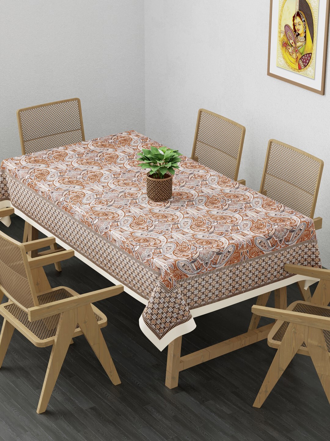 Clasiko Beige & Grey Printed Pure Cotton 6-Seater Rectangular Table Cover Price in India