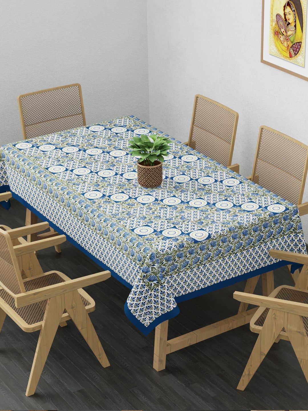 Clasiko Blue & White Floral Printed Pure Cotton 6 Seater Table Cover Price in India