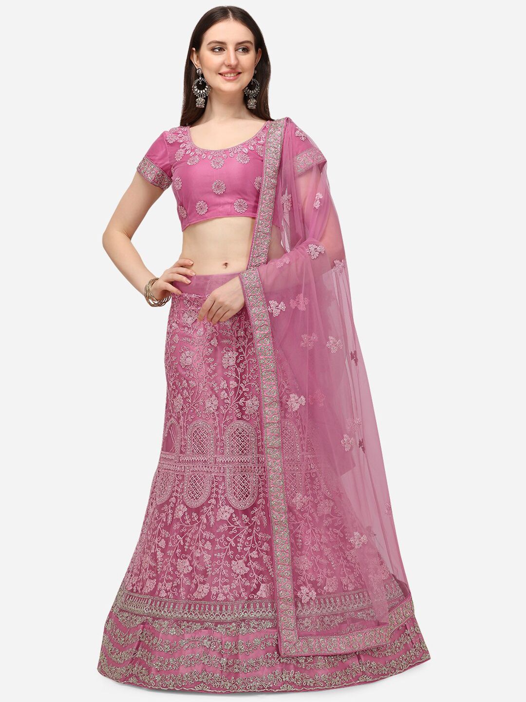 V SALES Pink & Silver-Toned Embroidered Thread Work Semi-Stitched Lehenga & Unstitched Blouse With Dupatta Price in India