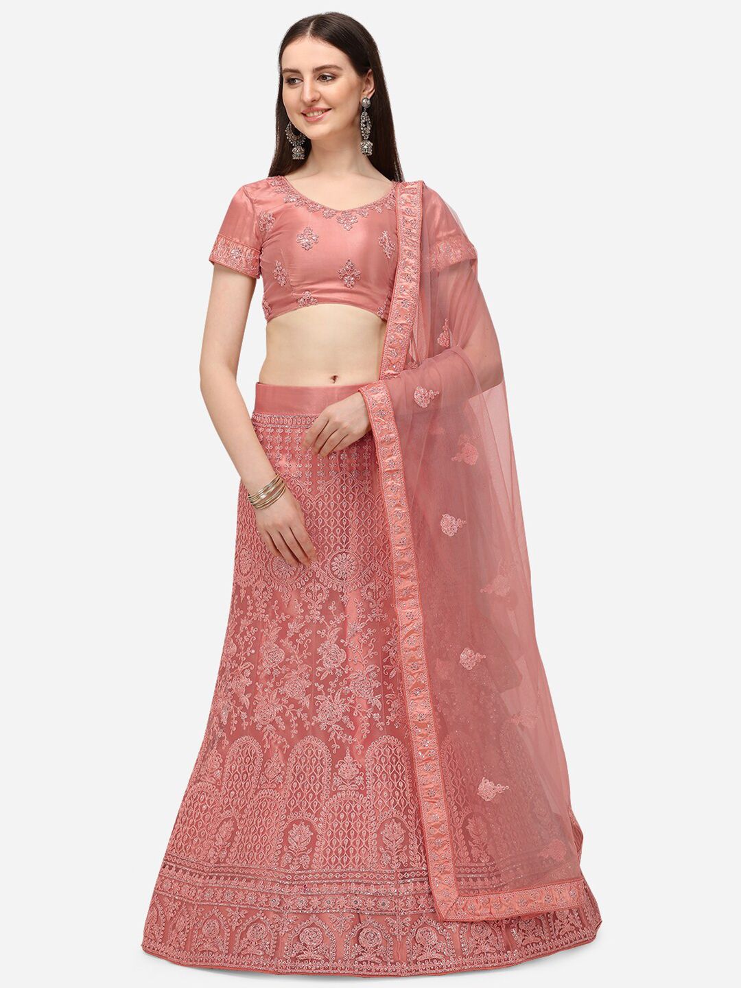 V SALES Peach-Coloured & Silver-Toned Embroidered Sequinned Semi-Stitched Lehenga & Unstitched Blouse With Price in India