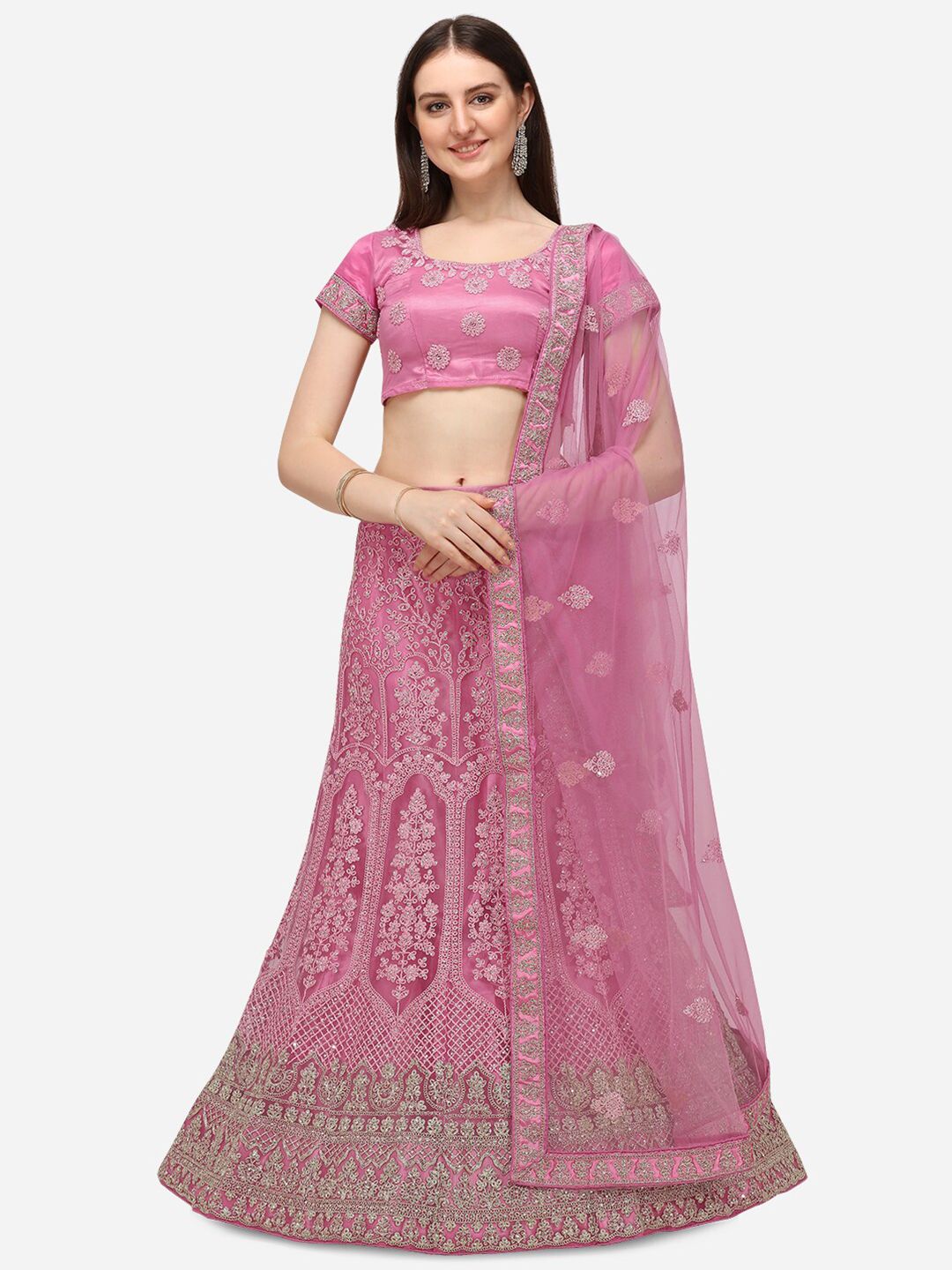 V SALES Pink & Silver-Toned Embroidered Thread Work Semi-Stitched Lehenga & Unstitched Blouse With Dupatta Price in India