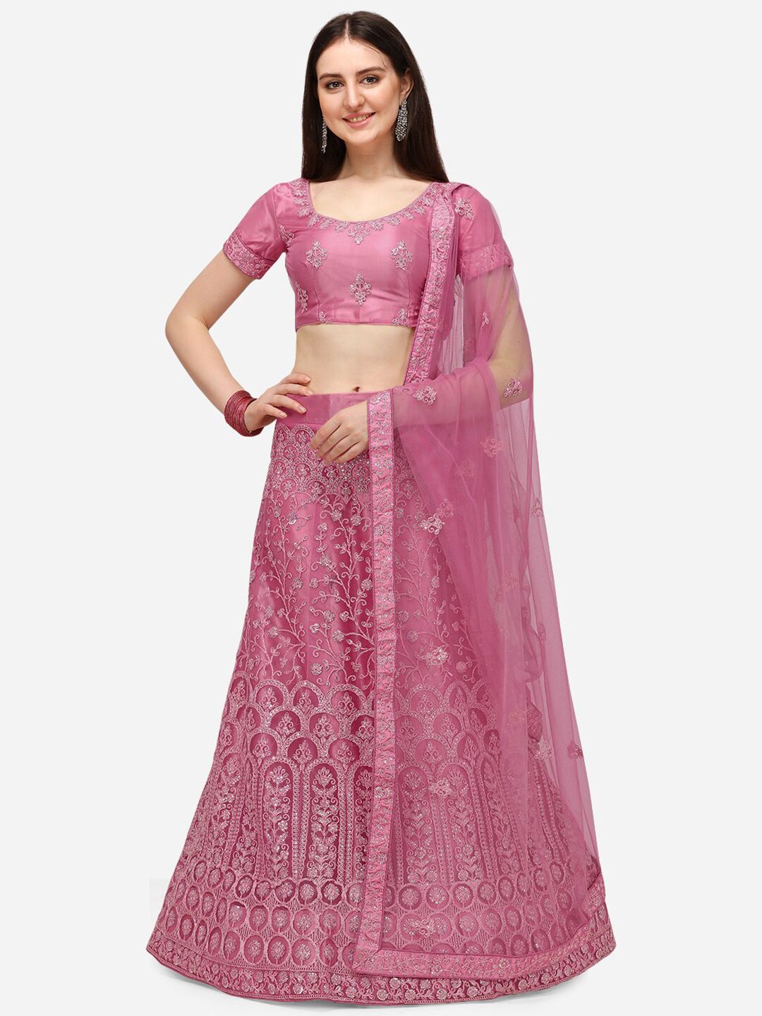 V SALES Pink & Silver-Toned Embroidered Sequinned Semi-Stitched Lehenga & Unstitched Blouse With Dupatta Price in India