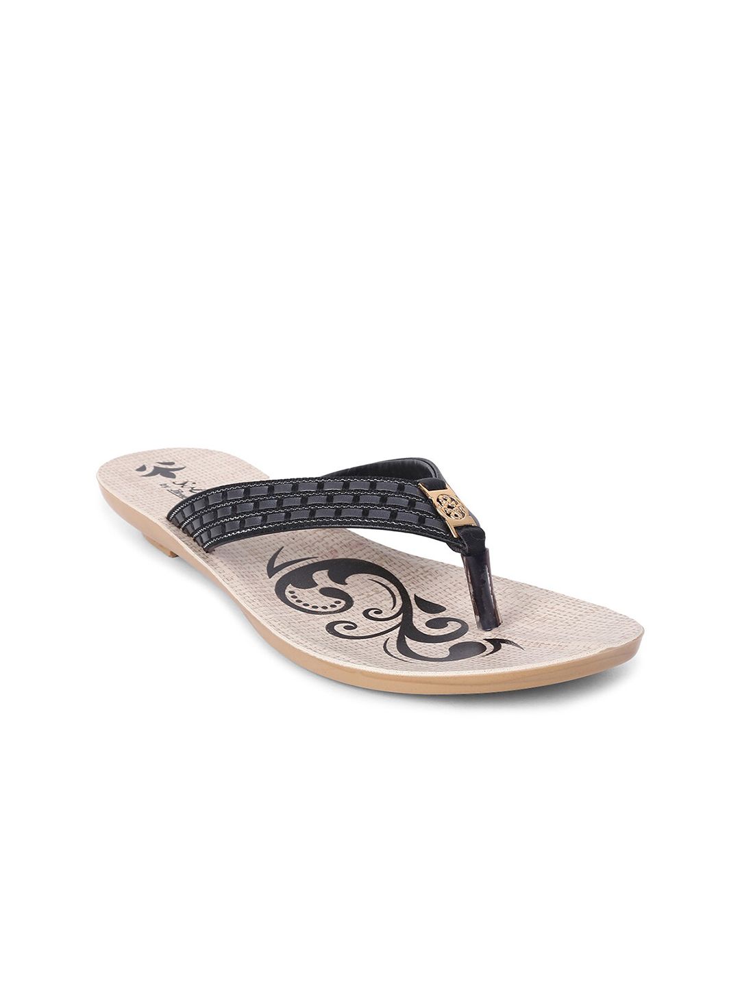 Paragon Women Black & Grey Self Design Thong Flip-Flops Price in India