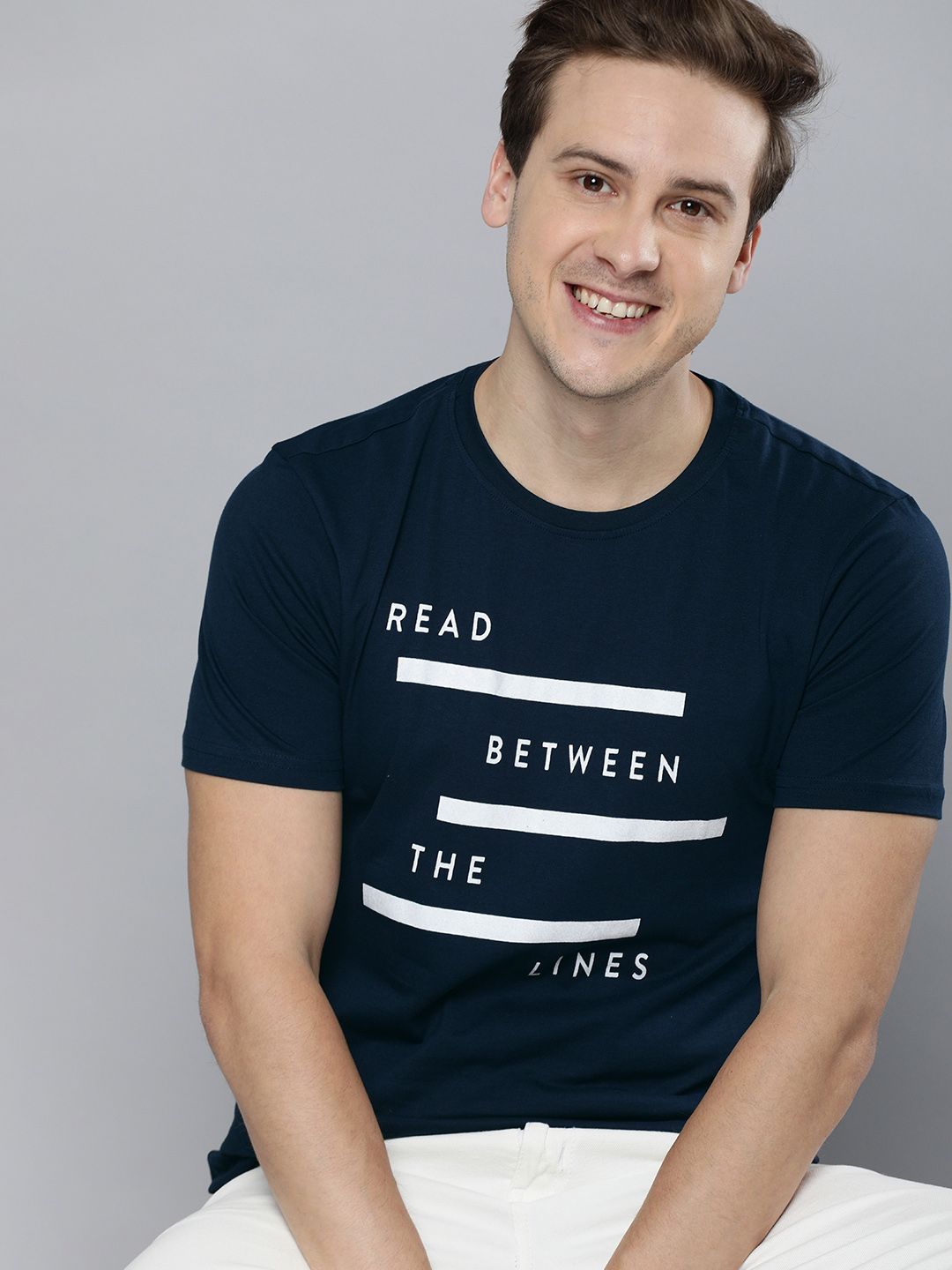 Mast & Harbour Men Navy Blue Typography Printed Cotton Casual T-shirt