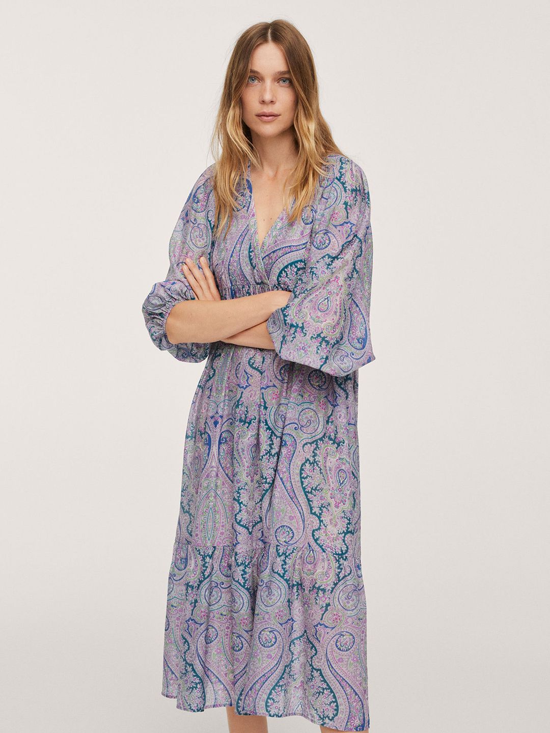 MANGO Teal Green & Pink Ethnic Motifs Midi Wrap Dress