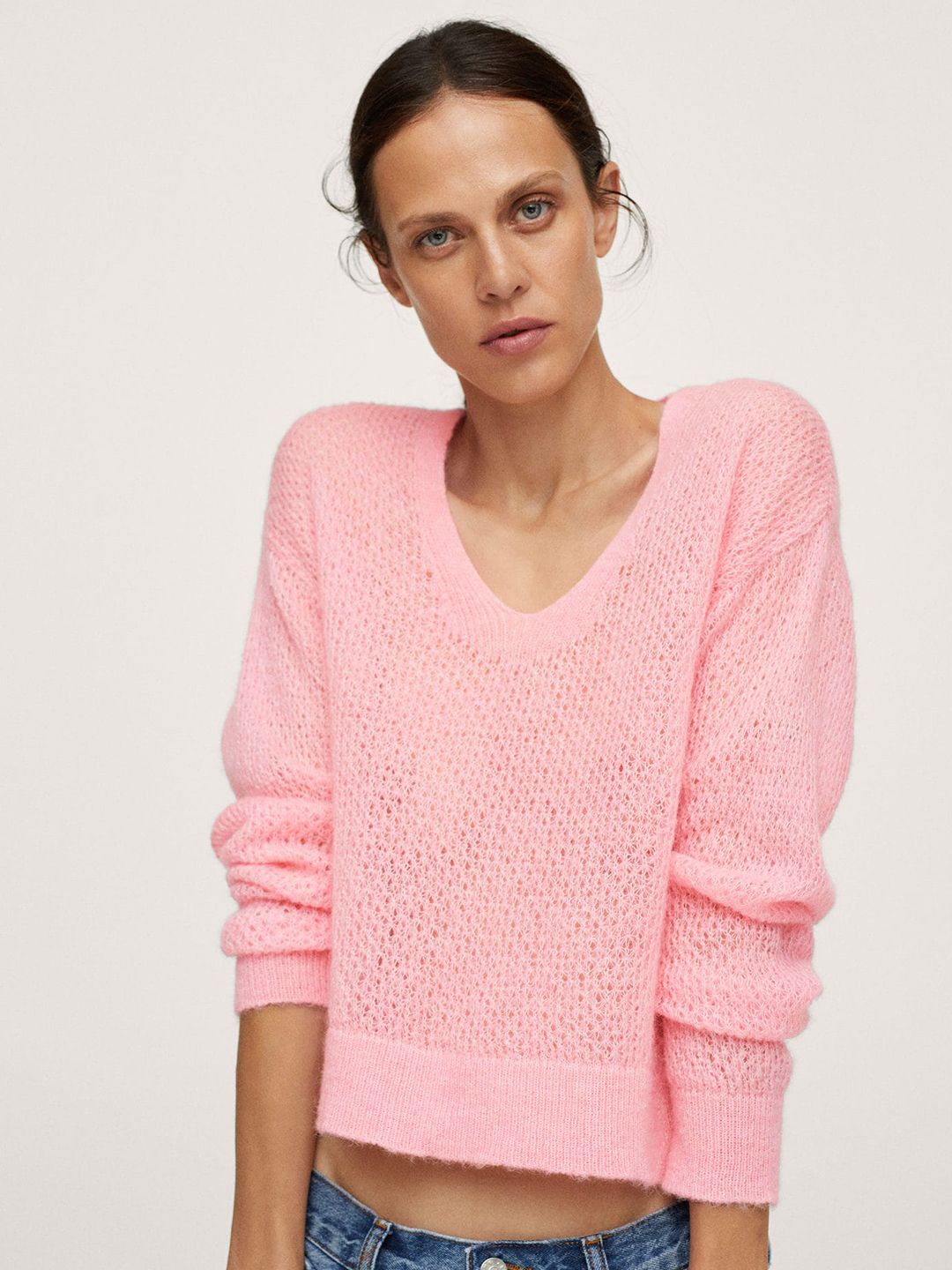 MANGO Women Pink Solid Open Knit Pullover Price in India