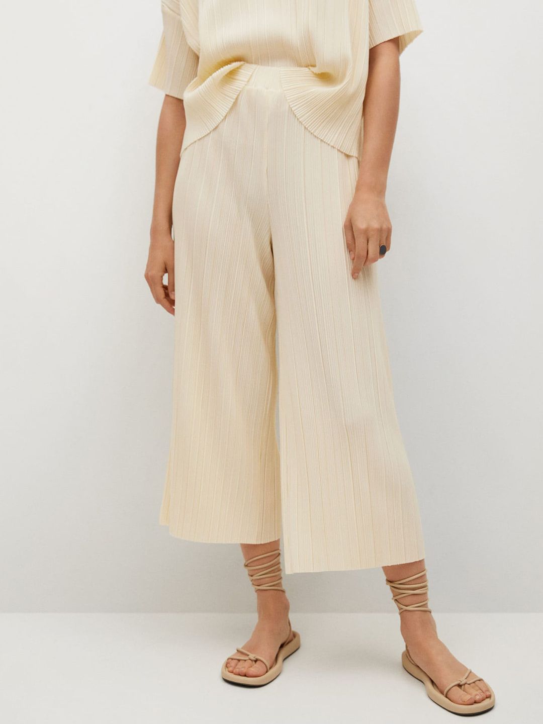 MANGO Women Off White Pleated Culottes Trousers Price in India