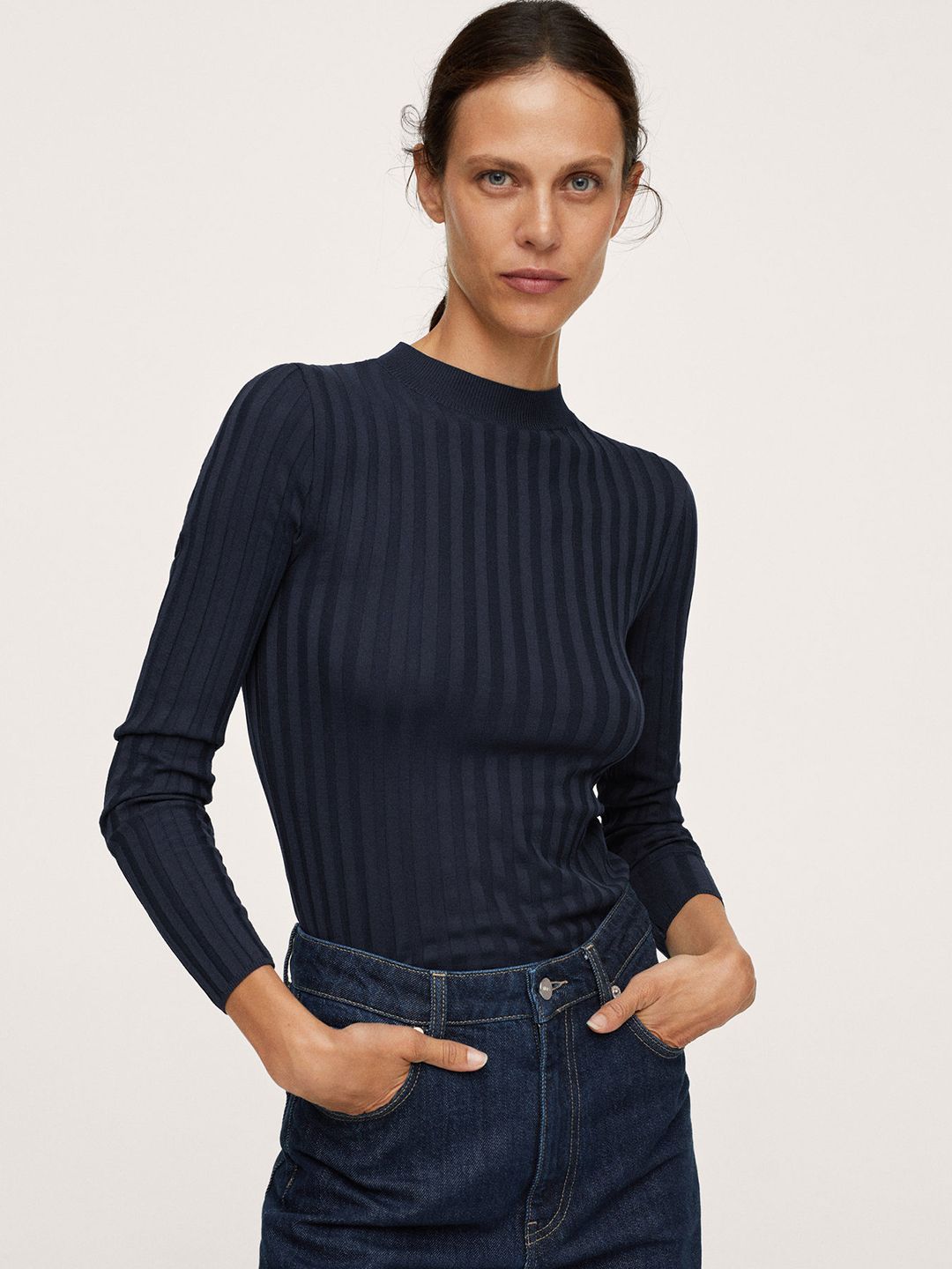 MANGO Women Navy Blue Ribbed Pullover Price in India