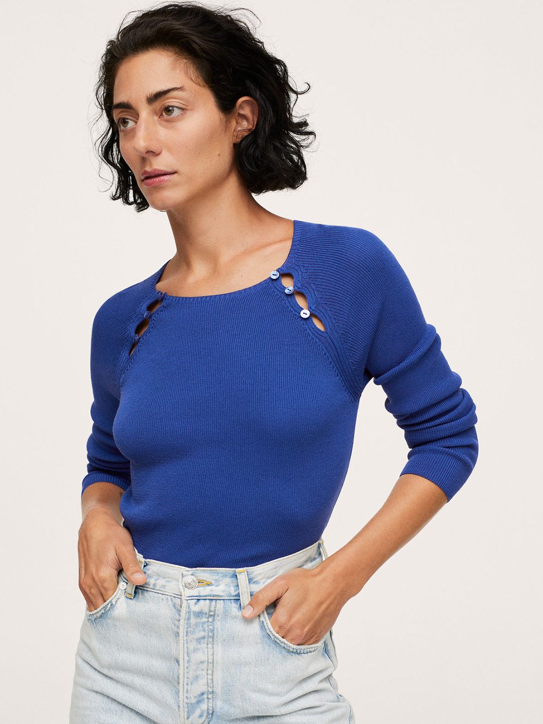 MANGO Women Blue Button Detail Sweater Price in India