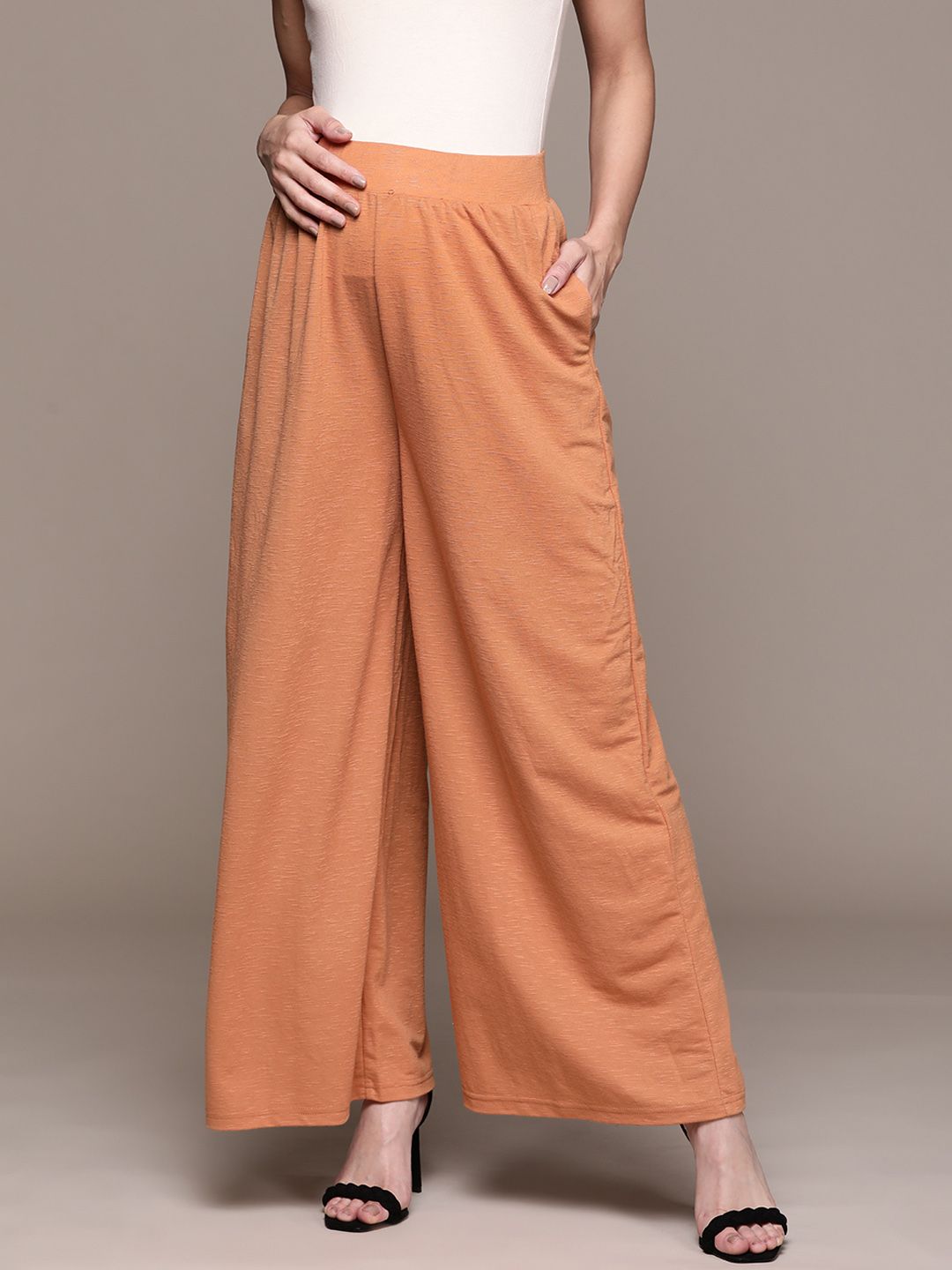 MANGO Women Rust Orange Slub Effect High-Rise Maternity Parallel Trousers