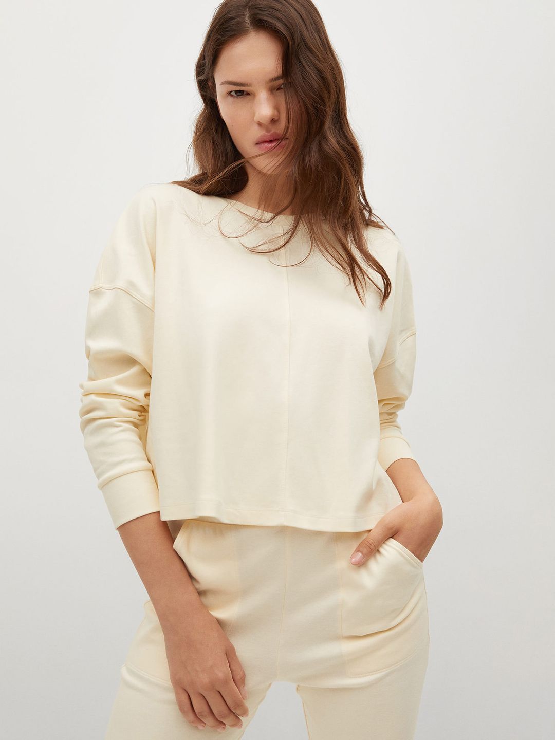 MANGO Women Cream-Coloured Solid Pure Cotton Sweatshirt Price in India