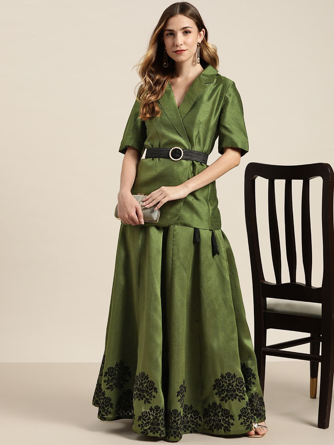 Shae by SASSAFRAS Women Green Short Sleeve Fabric-Belt Blazer Price in India