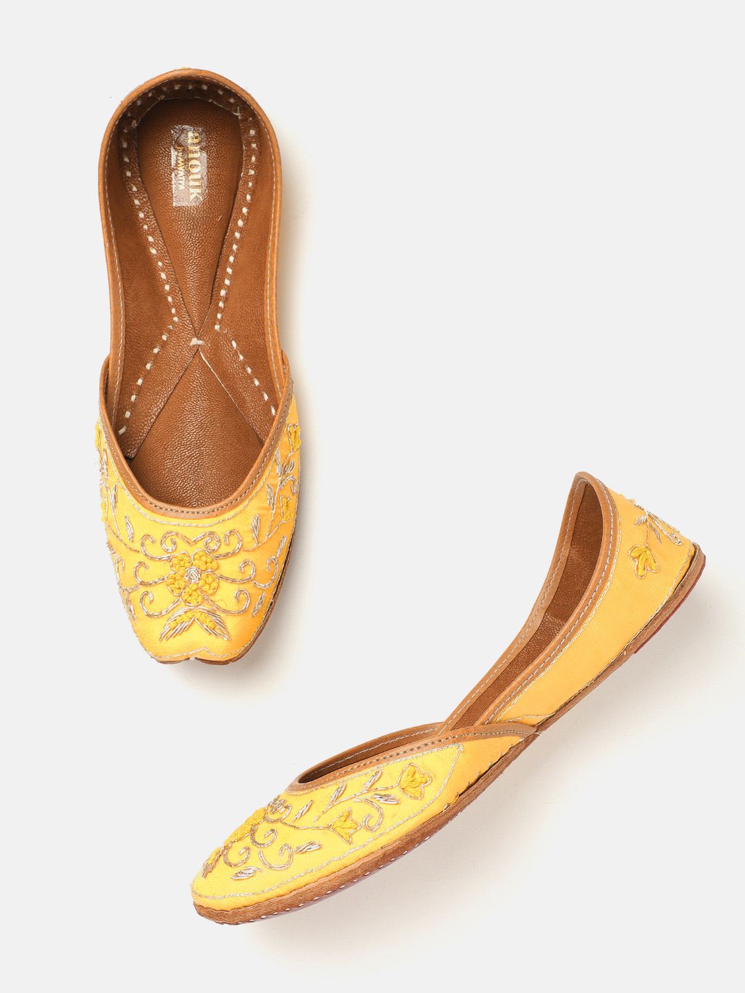 Anouk Women Yellow Embellished Leather Ethnic Mojaris Flats Price in India