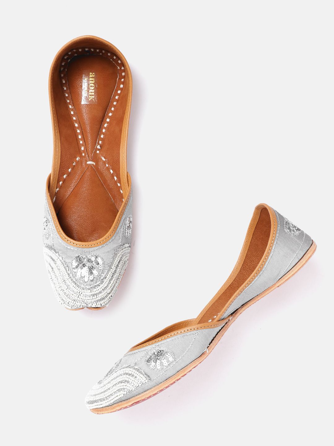 Anouk Women Grey & Off-White Embellished Handcrafted Leather Mojaris Price in India