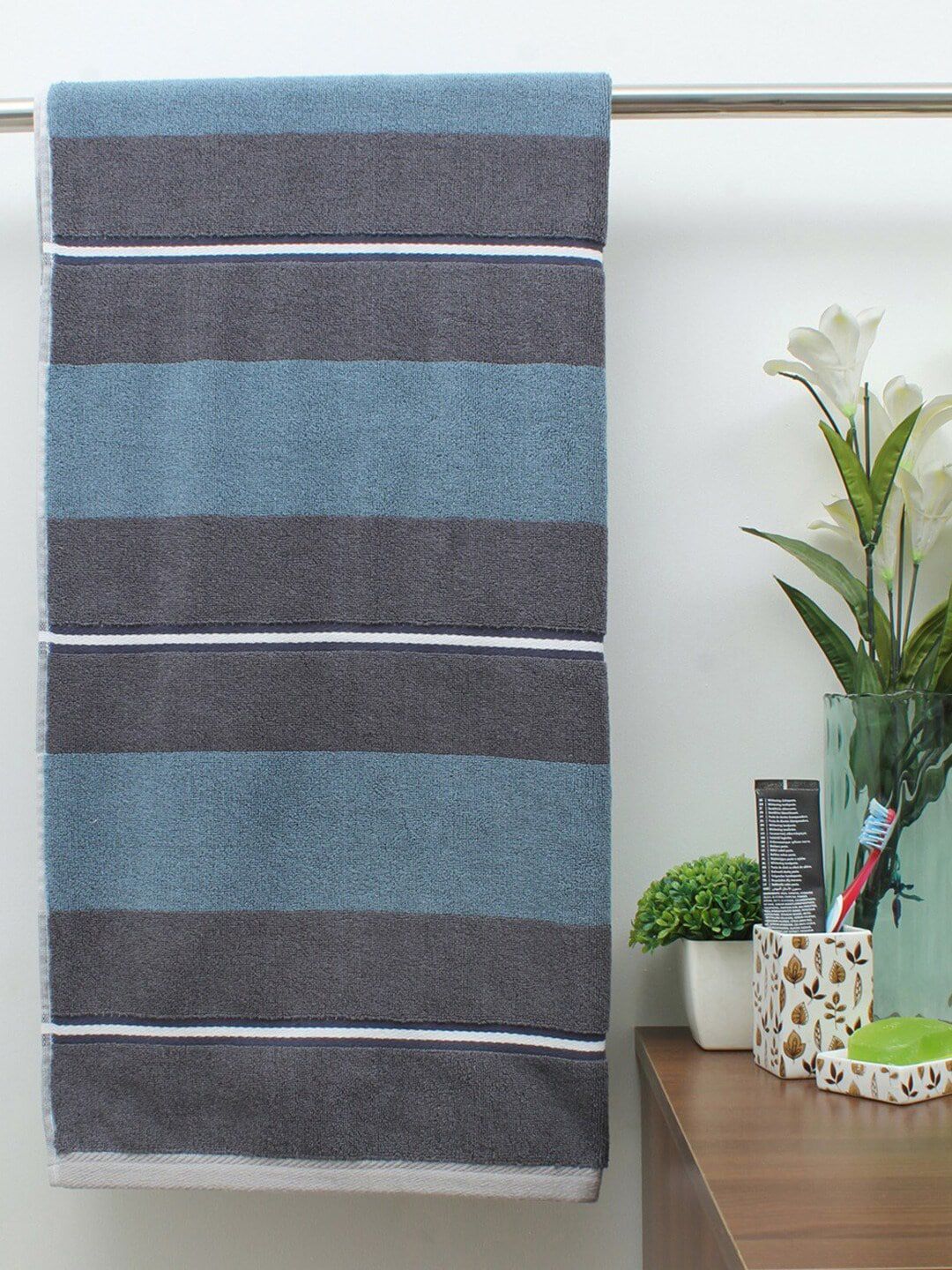 AVI Living Blue & Grey Striped 550 GSM Pure Cotton Bath Towel Price in India