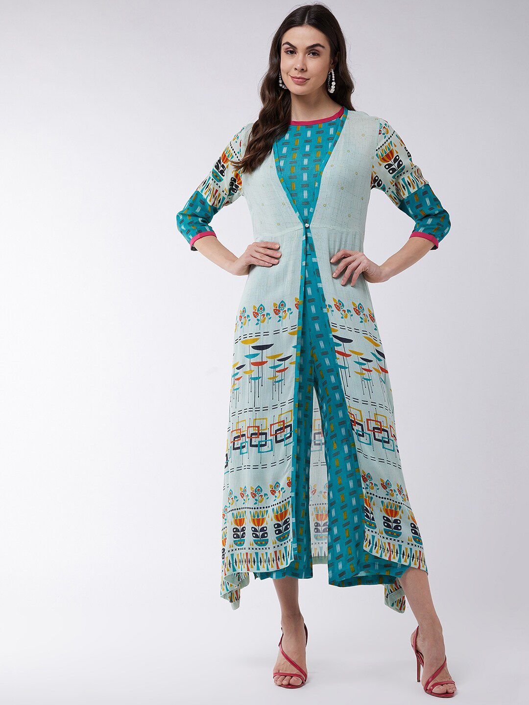 Pannkh Women Turquoise Blue & Off White Printed Top with Palazzos & Shrug Price in India
