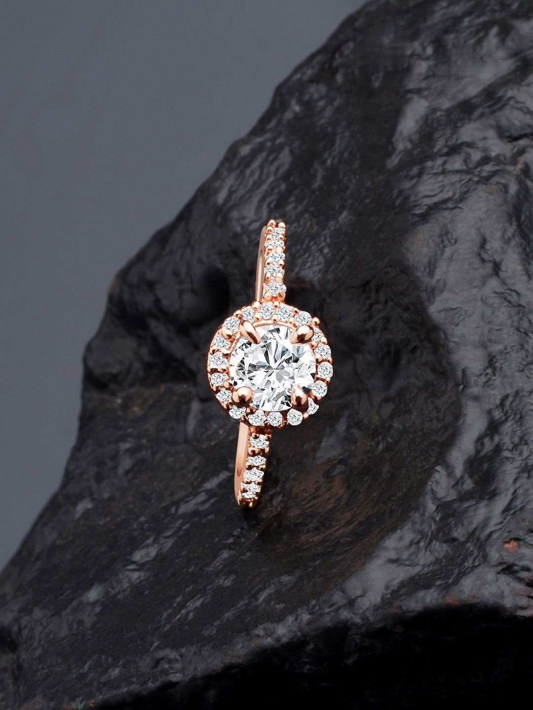 AMI Rose Gold-Plated & White CZ-Studded Contemporary Finger Ring Price in India