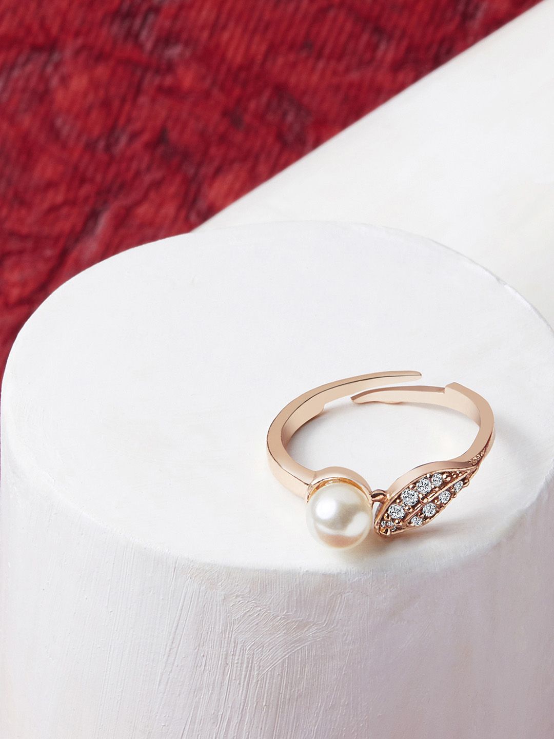AMI Rose Gold-Plated White CZ-Studded & Pearl Beaded Adjustable Finger Ring Price in India