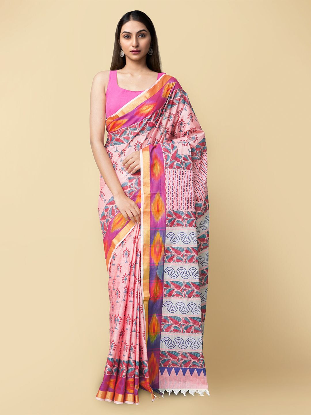 Unnati Silks Pink & Blue Block Printed Handloom Sustainable Pure Cotton Sambalpuri Saree