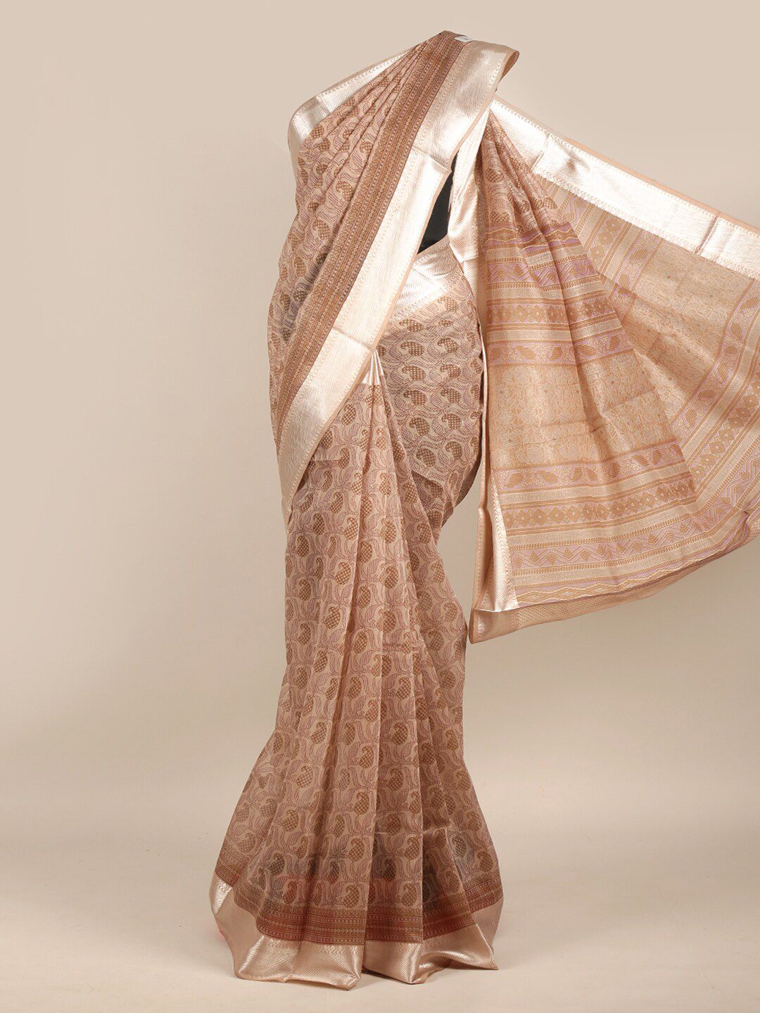 Pothys Brown & Silver-Toned Ethnic Motifs Chanderi Saree