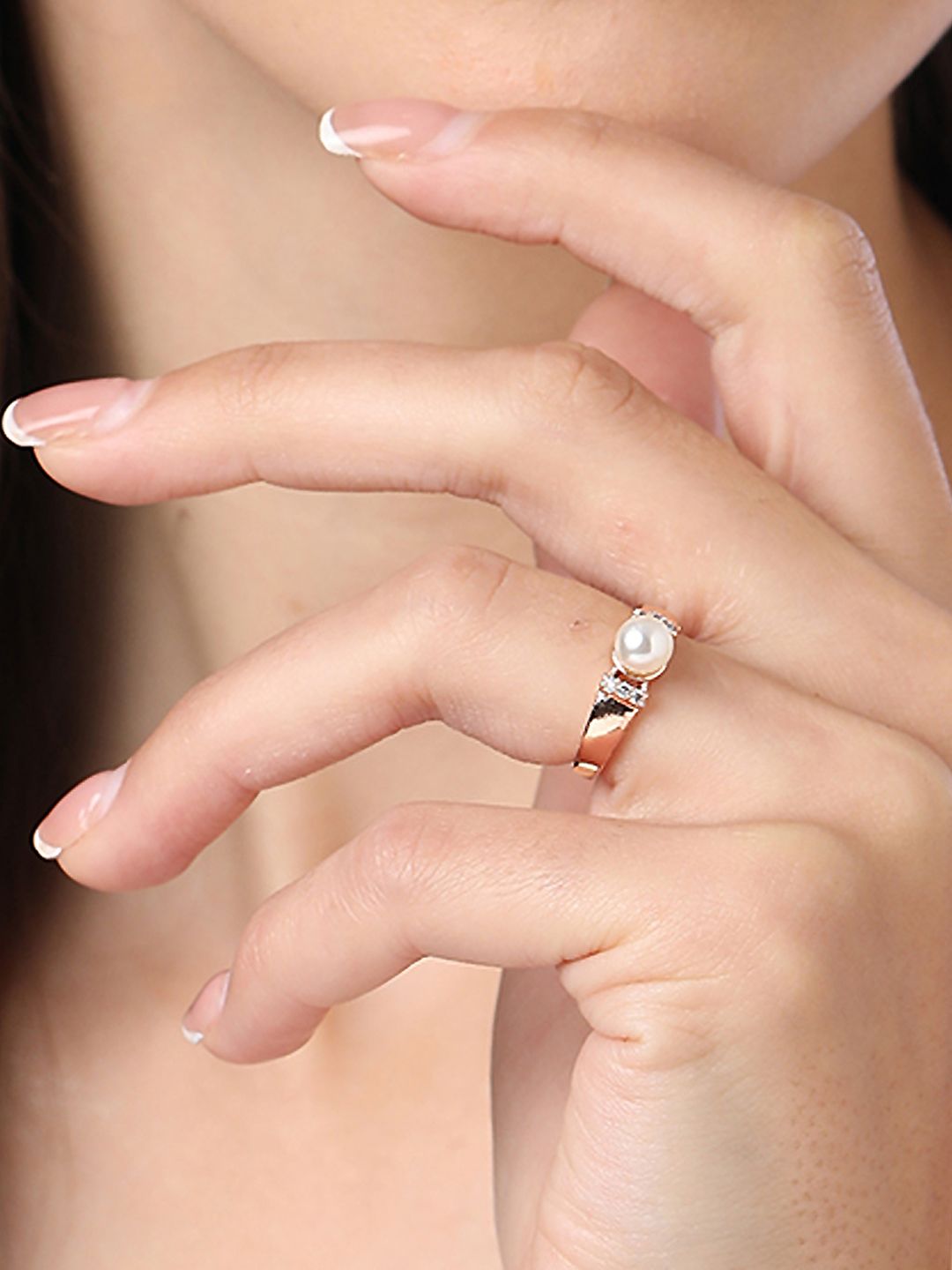 AMI Rose Gold-Plated White CZ-Studded & Pearl Beaded Adjustable Finger Ring Price in India