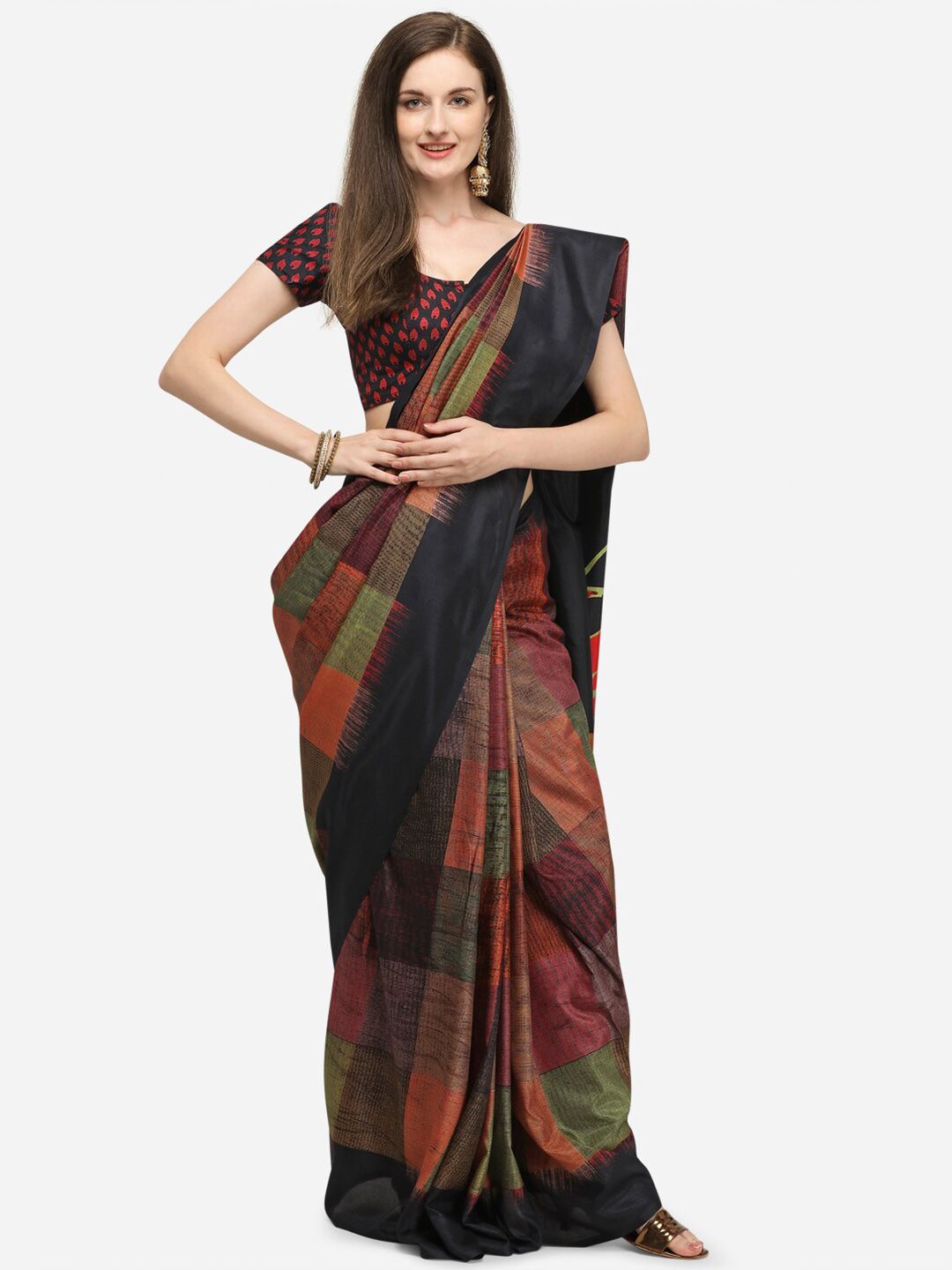 KALINI Women Black & Brown Poly Crepe Checked Saree