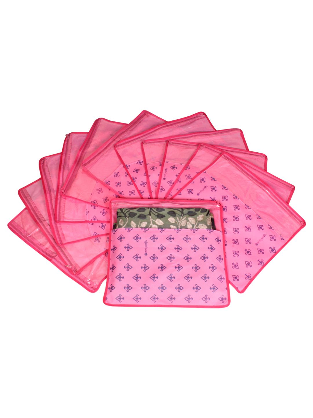 prettykrafts Set Of 12 Pink & Top Transparent Solid Single Packing Saree Cover Organizer Price in India