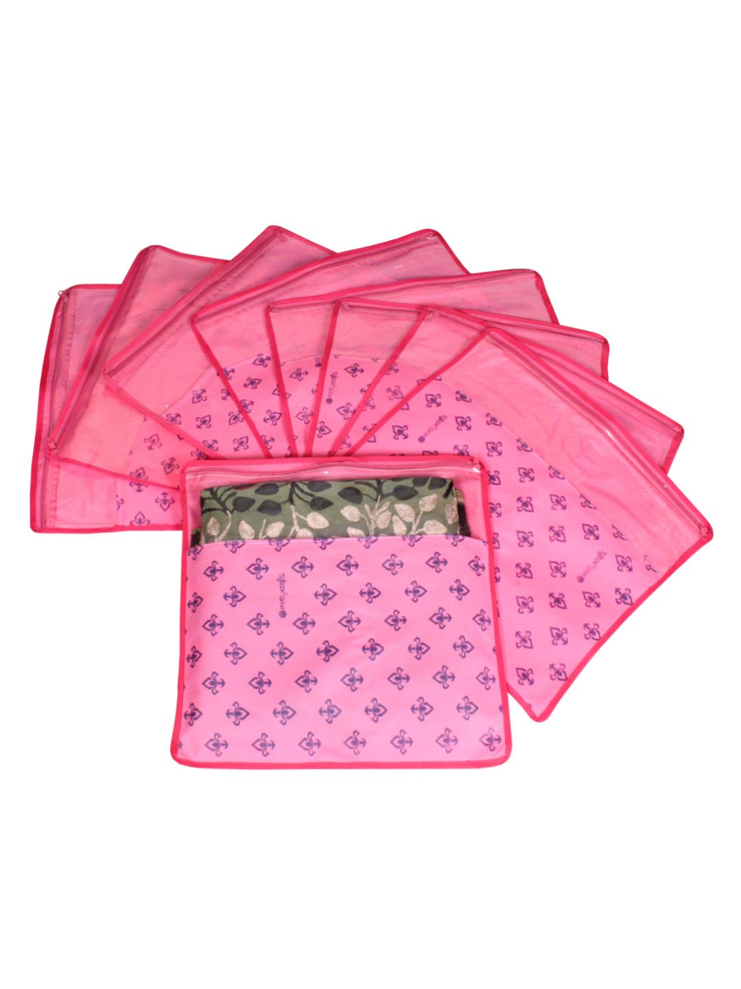 prettyKrafts Set Of 9 Pink & Top Transparent Solid Single Packing Saree Cover Organizer Price in India